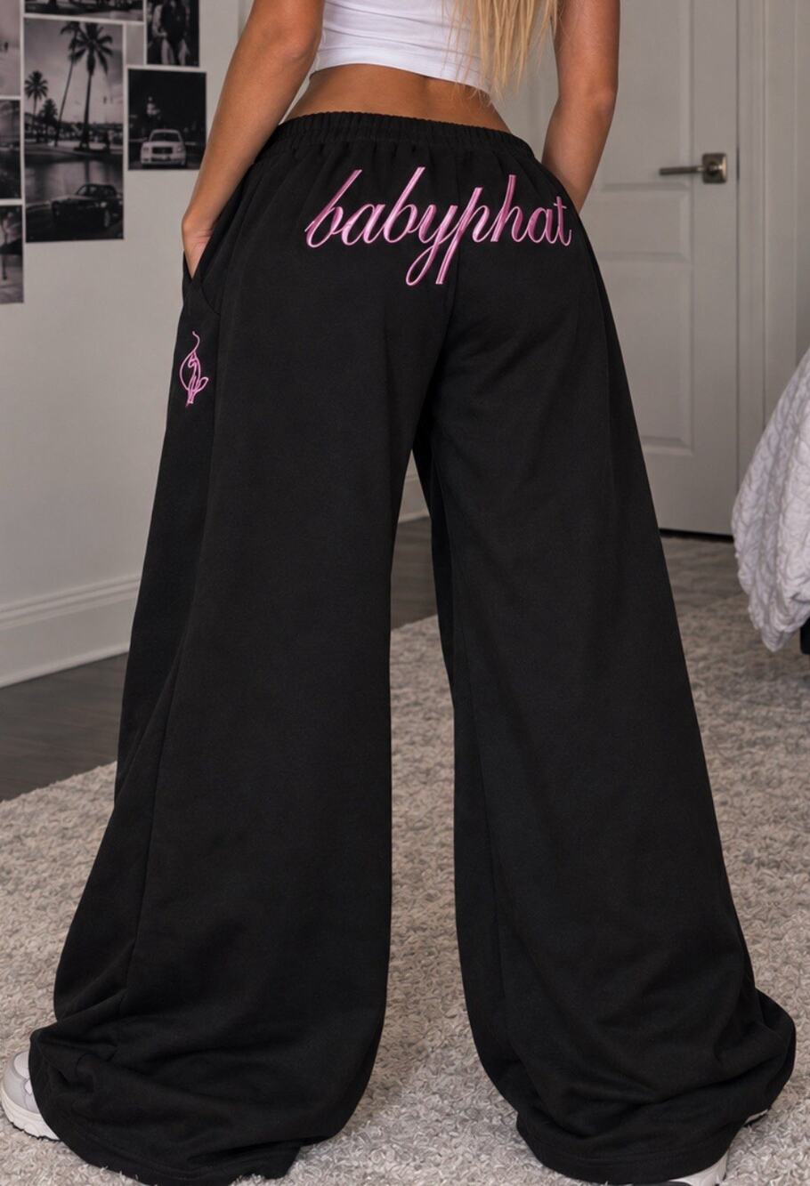 Baby Phat Women’s XL Black Wide Leg Sweatpants Pink Logo Y2K Baggy Lounge Pants